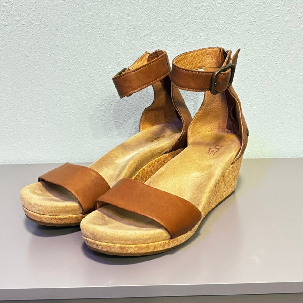 UGG Zoe II Brown Leather Cork Wedge Sandals Womens 7.5 Ankle Strap Zip Back Boho - Picture 3 of 9